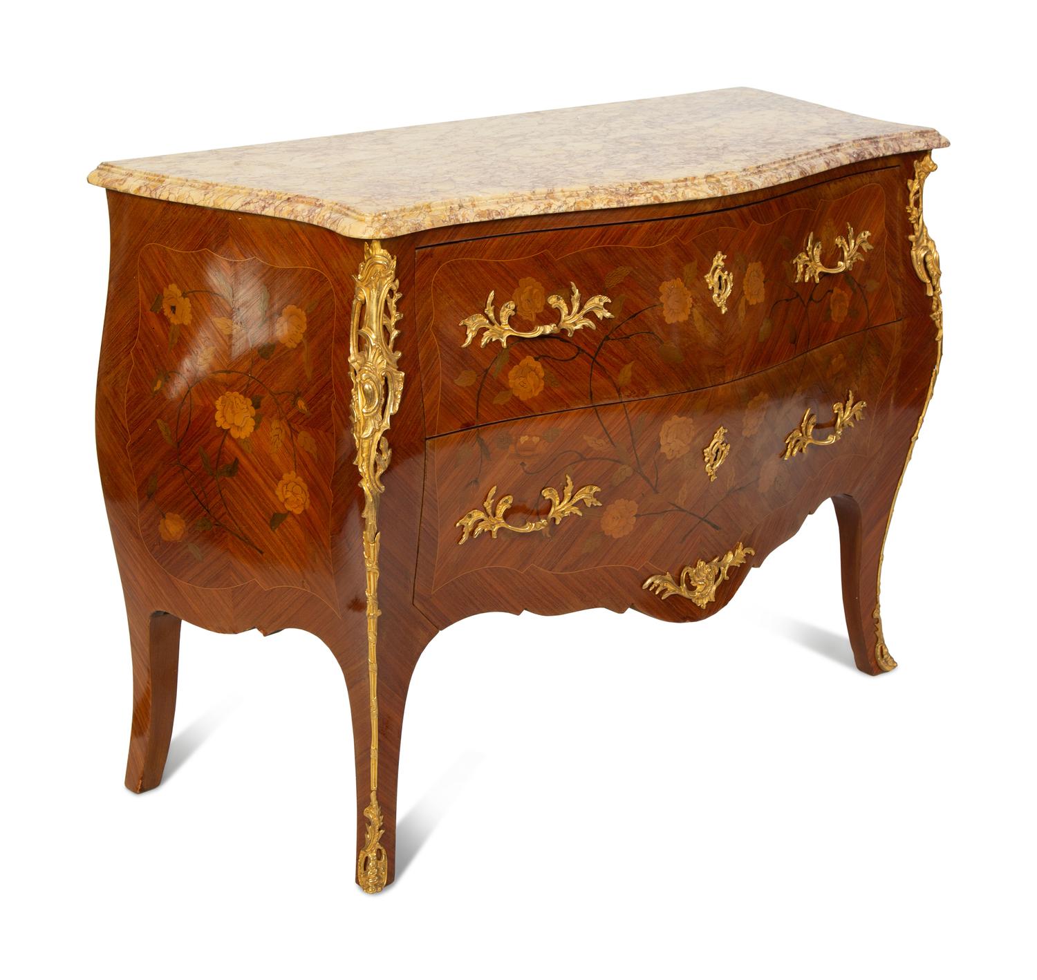 A Louis XV Style Gilt Bronze Mounted Marble-Top Bombe Commode — 20TH CENTURY