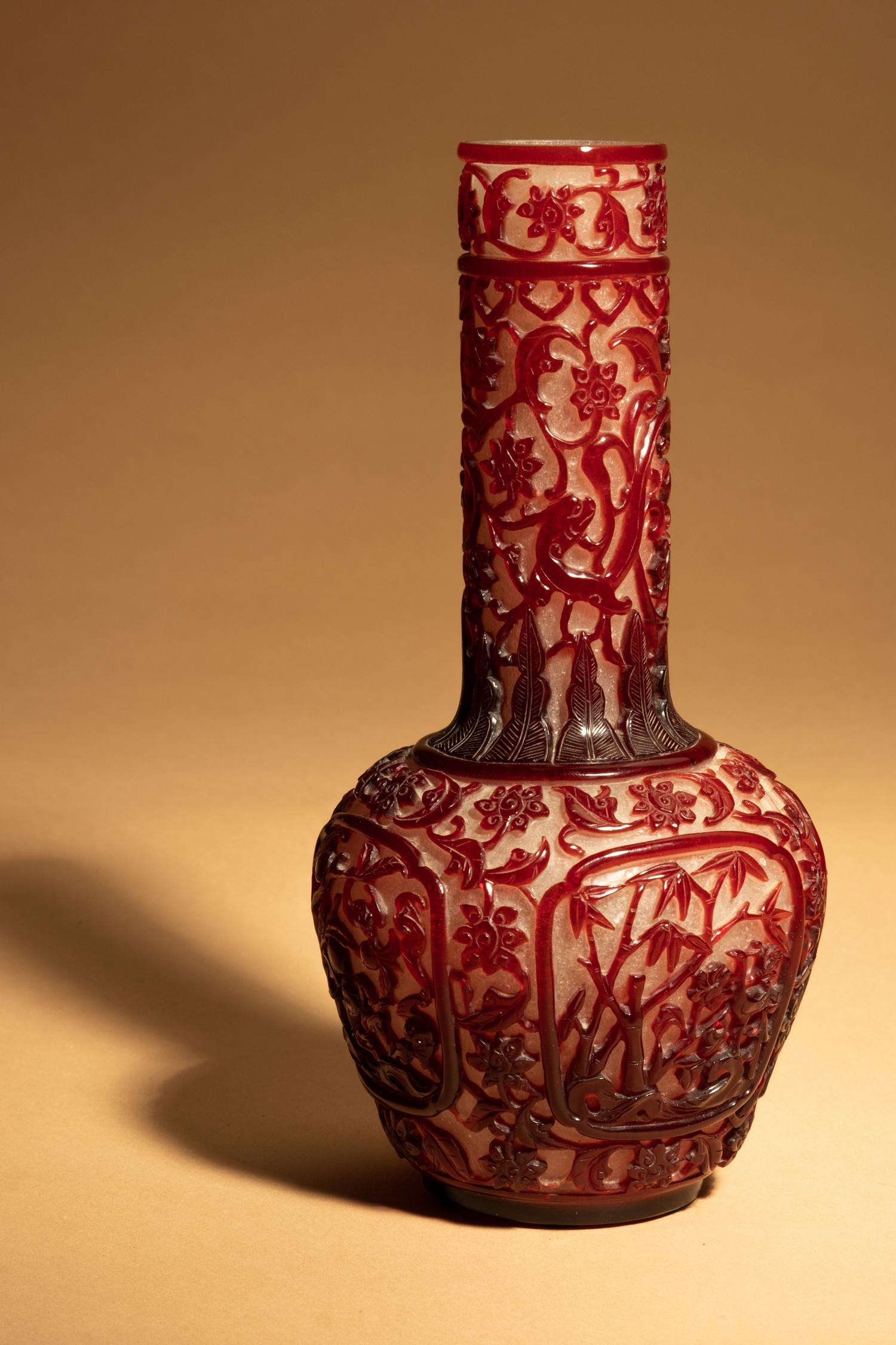 A Ruby-Red Overlay Peking Glass Bottle Vase