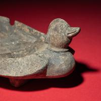 A Chinese Grey Pottery Mandarin Duck-Form Inkstone, Six Dynasties — 六朝 灰陶鴛鴦硯