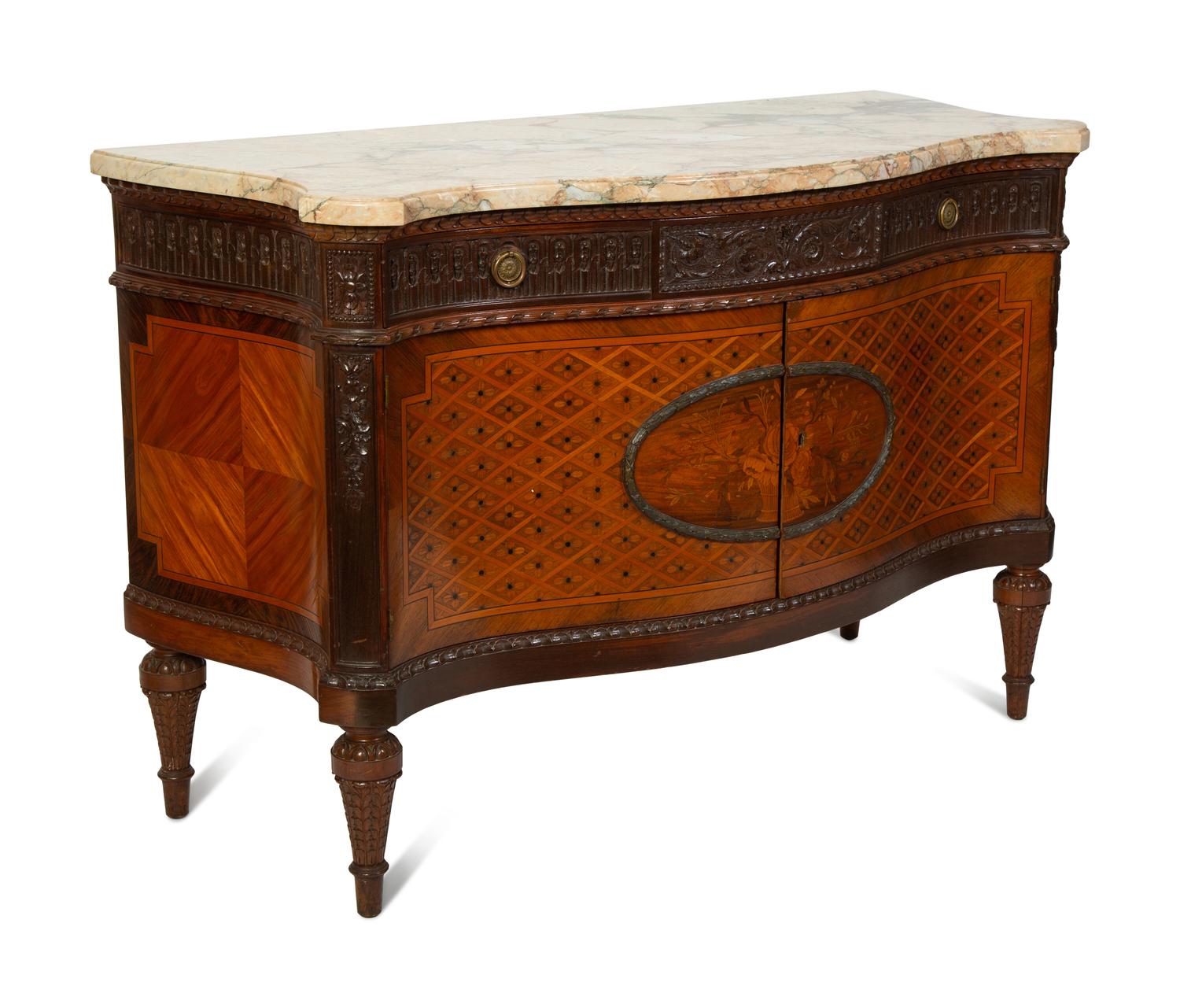 A Louis XVI Style Marquetry Inlaid Marble Top Cabinet — EARLY 20TH CENTURY