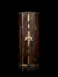 A Black Lacquered Shrine with a Polychrome and Black Painted Wood Figure of a Guardian