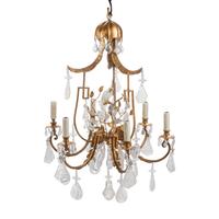 A Pair of Gilt Bronze, Tôle and Rock Crystal Six-Light Chandeliers