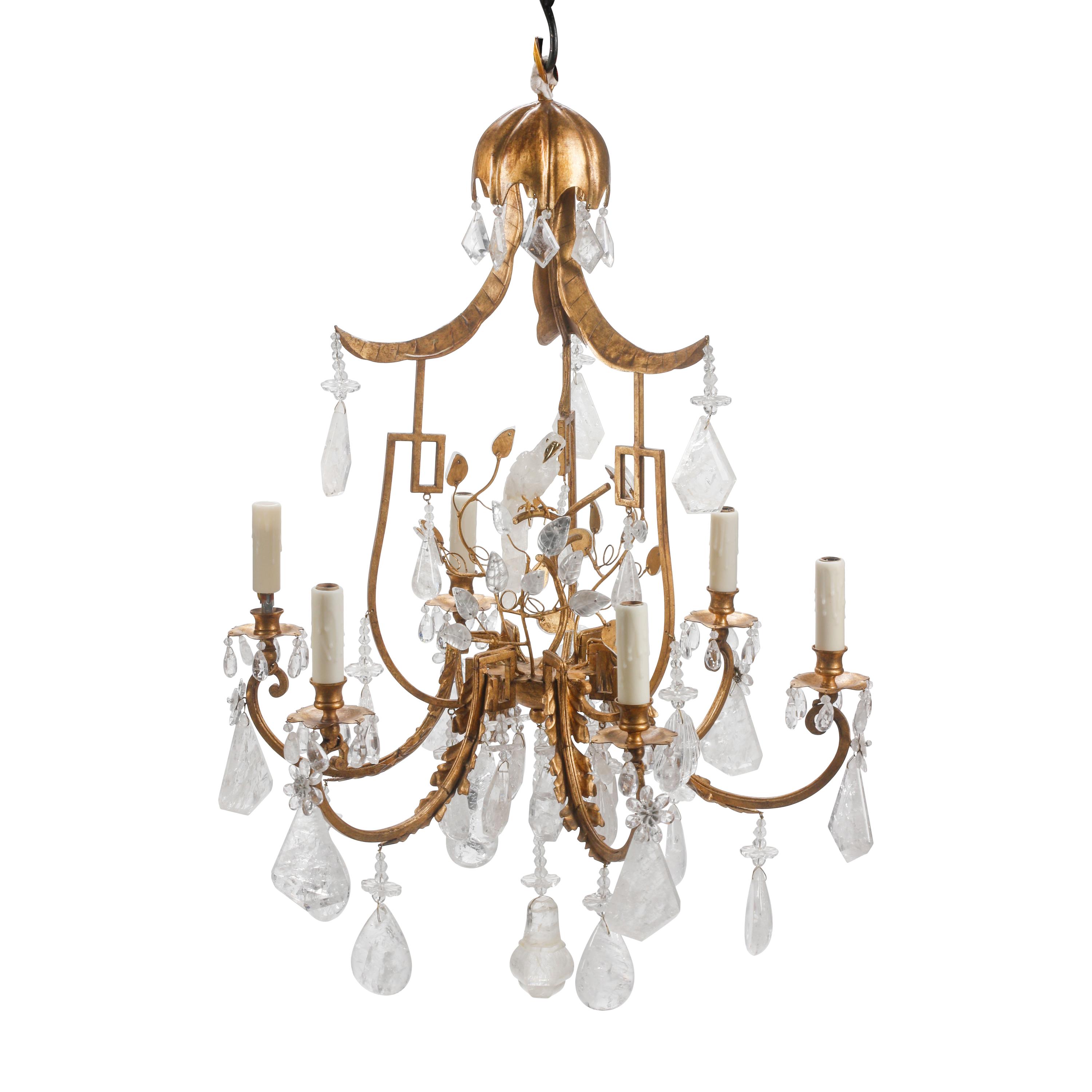 A Pair of Gilt Bronze, Tôle and Rock Crystal Six-Light Chandeliers