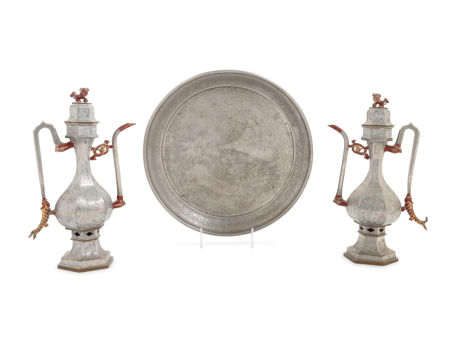 A Pair of Chinese Pewter Wine Ewers and a Chinese Pewter Circular Tray