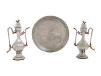 A Pair of Chinese Pewter Wine Ewers and a Chinese Pewter Circular Tray