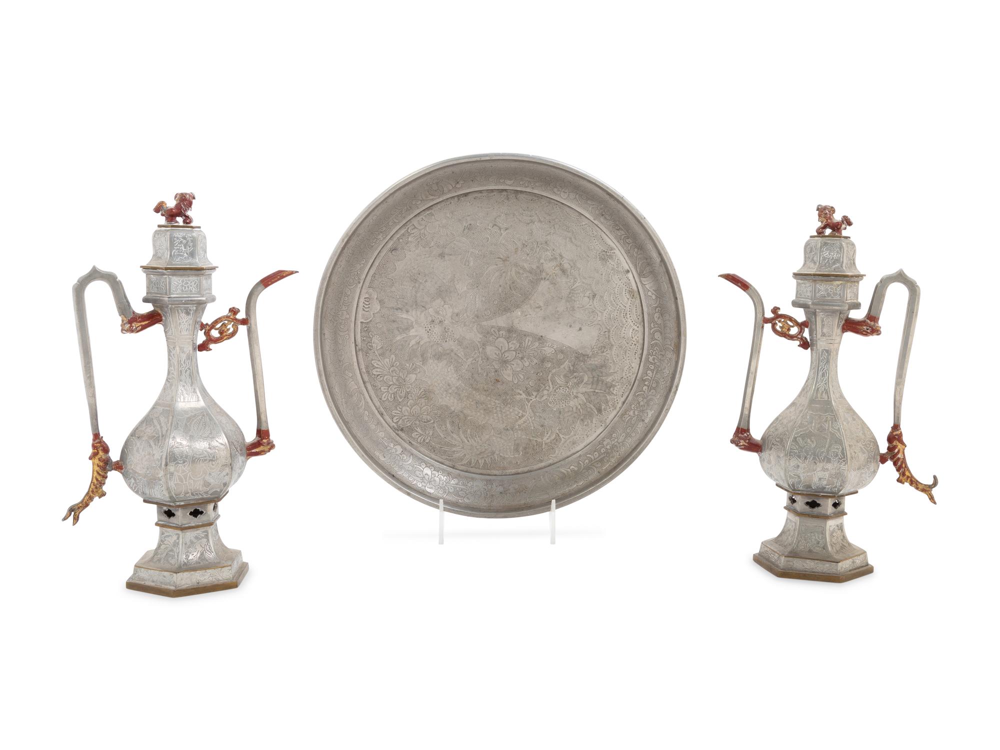 A Pair of Chinese Pewter Wine Ewers and a Chinese Pewter Circular Tray