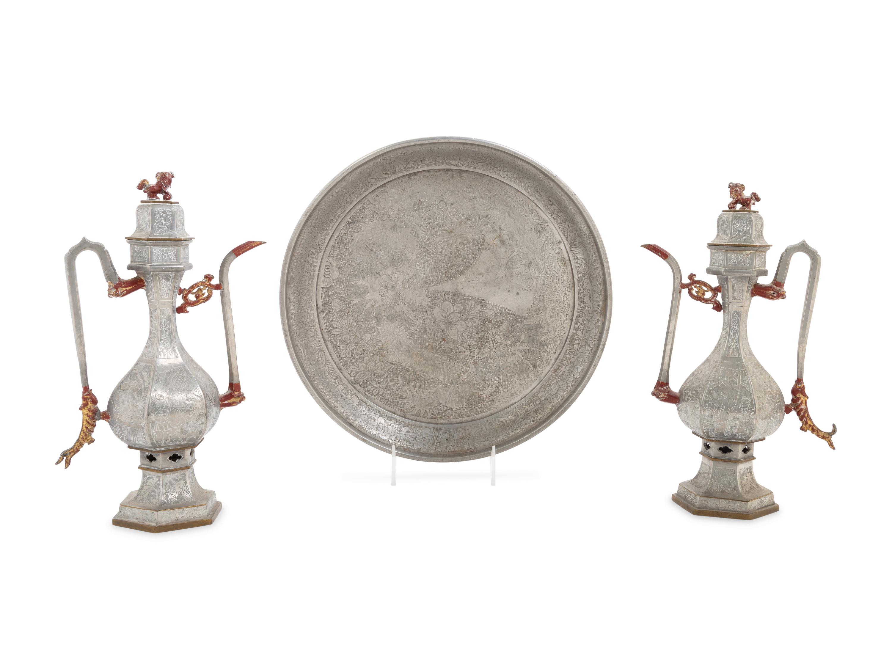 A Pair of Chinese Pewter Wine Ewers and a Chinese Pewter Circular Tray