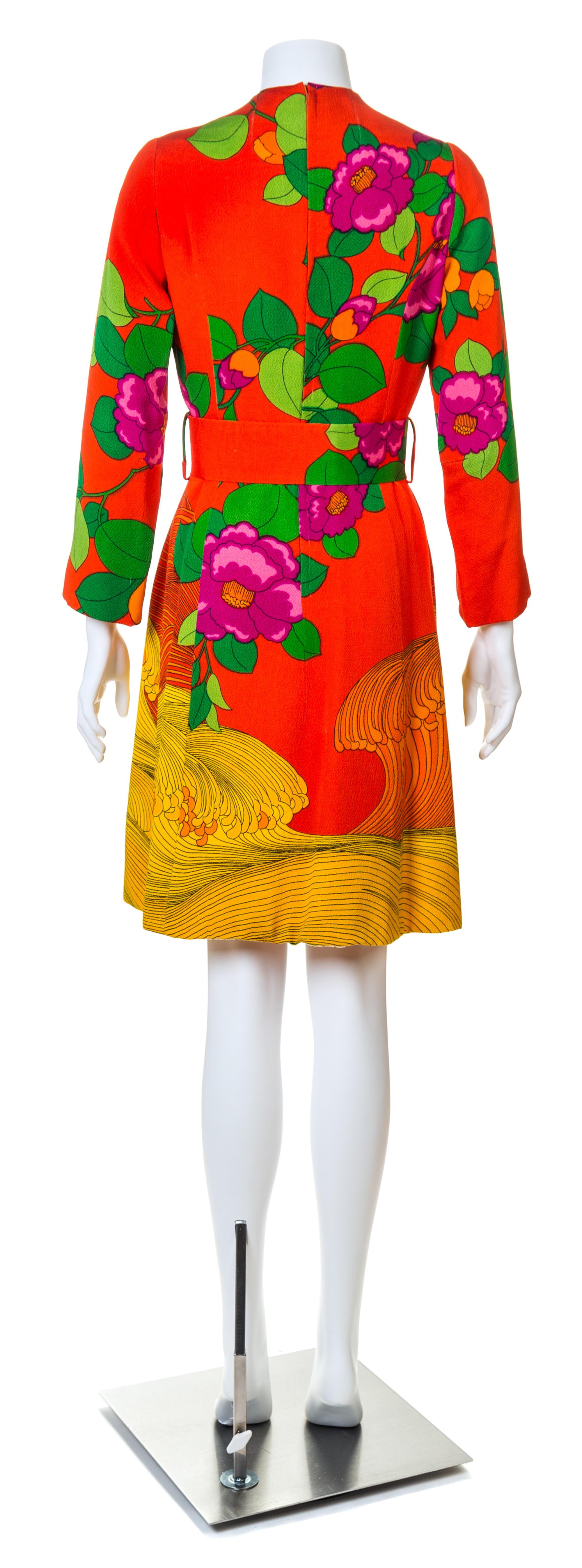 A Hanae Mori Multicolor Silk Dress, Size 10; Belt: 32.75" x 2.75".