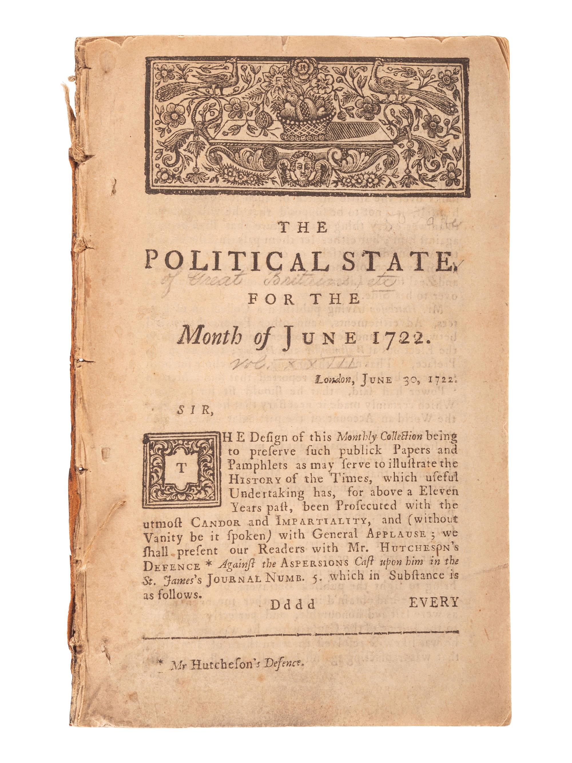 [PIRACY]. The Political State. [London]: N.p., June 1722. Featuring an account of the death of BLACK BART and one of the earliest descriptions of the Jolly Roger pirate flag.