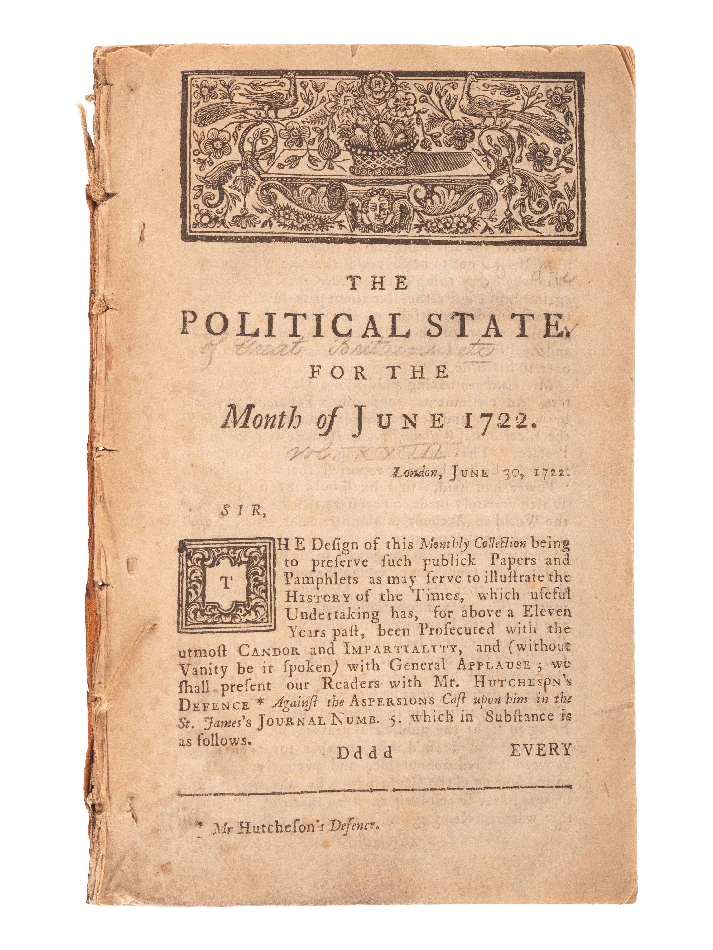 [PIRACY]. The Political State. [London]: N.p., June 1722. Featuring an account of the death of BLACK BART and one of the earliest descriptions of the Jolly Roger pirate flag.
