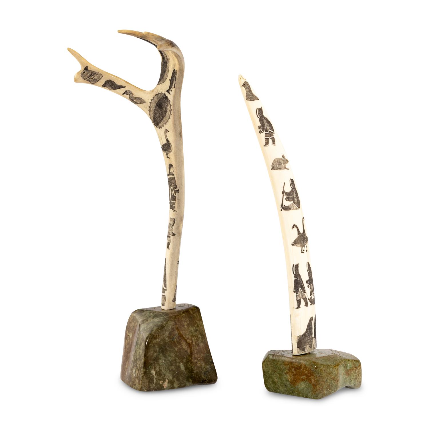Scrimshawed Antler and Walrus Tusk