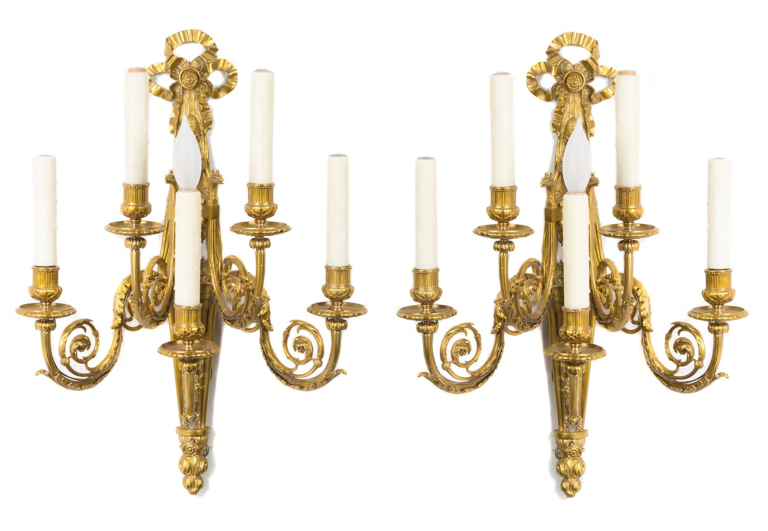 A Pair of Neoclassical Gilt Bronze Five-Light Sconces Height 23 inches. — LATE 20TH CENTURY