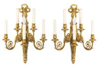 A Pair of Neoclassical Gilt Bronze Five-Light Sconces Height 23 inches. — LATE 20TH CENTURY