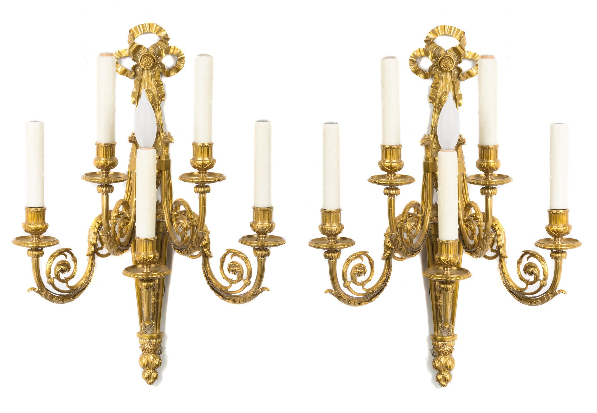 A Pair of Neoclassical Gilt Bronze Five-Light Sconces Height 23 inches. — LATE 20TH CENTURY