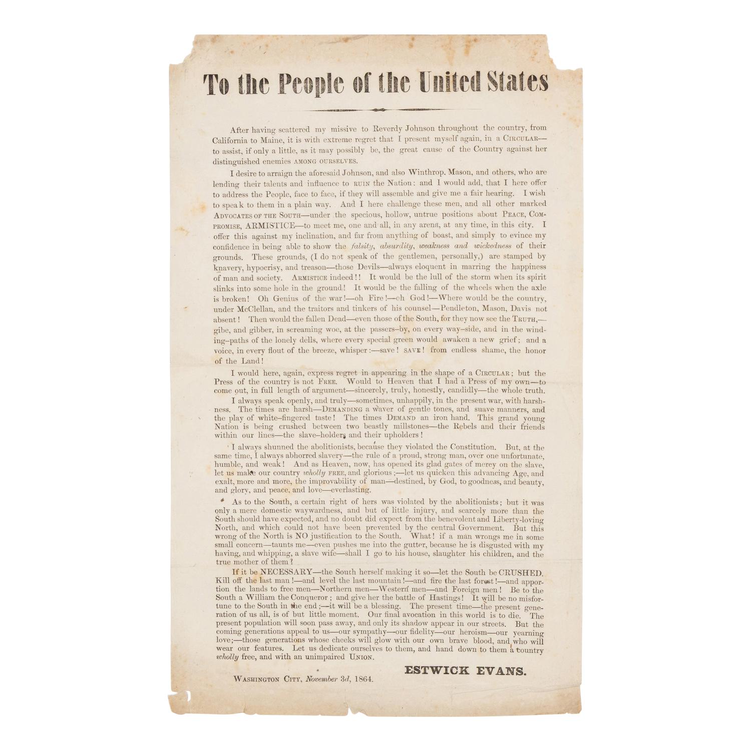 [LINCOLN-JOHNSON CAMPAIGN]. EVANS, Estwick (1787-1866). A pair of broadsides related to the 1864 presidential election, comprising: