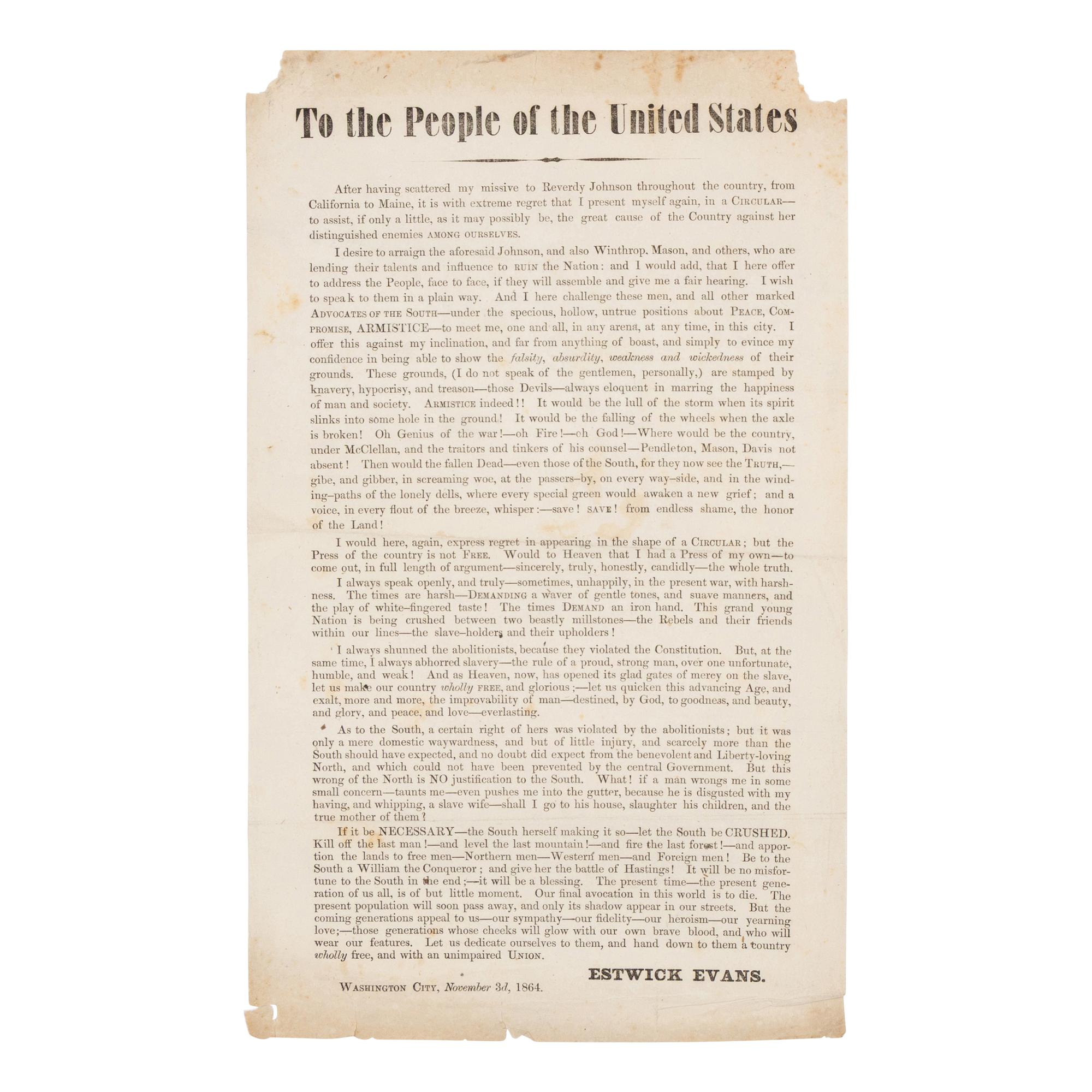 [LINCOLN-JOHNSON CAMPAIGN]. EVANS, Estwick (1787-1866). A pair of broadsides related to the 1864 presidential election, comprising: