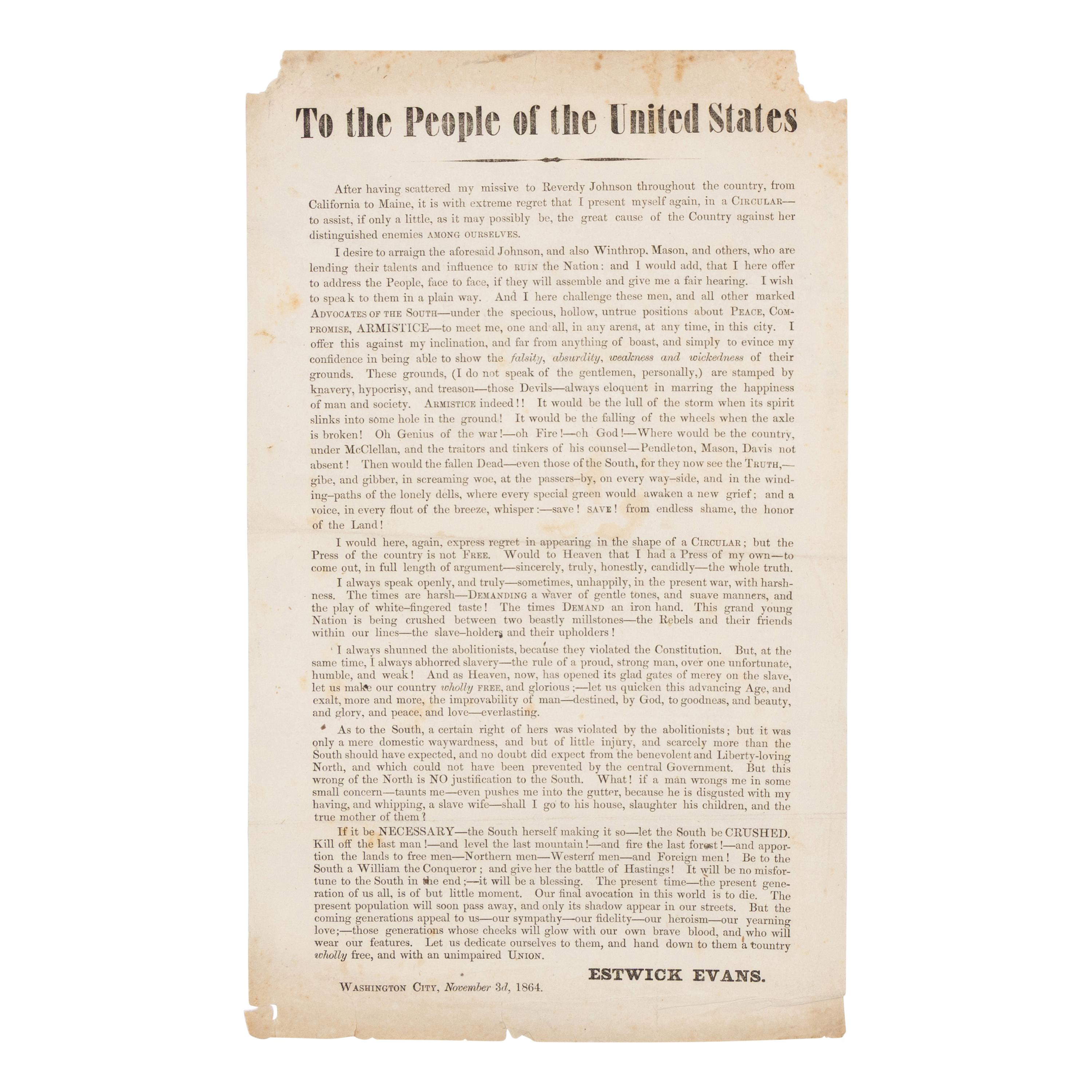 [LINCOLN-JOHNSON CAMPAIGN]. EVANS, Estwick (1787-1866). A pair of broadsides related to the 1864 presidential election, comprising: