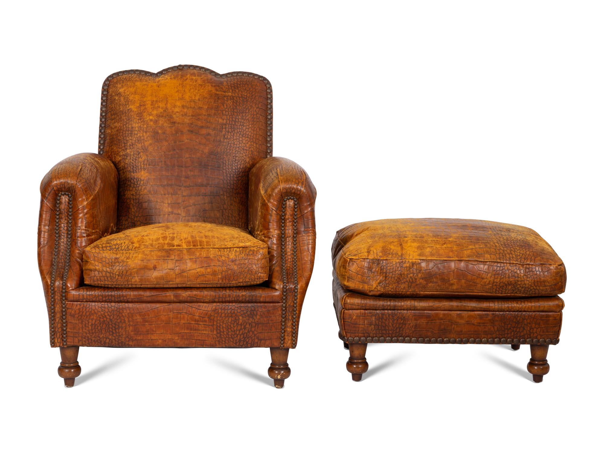 A Faux Crocodile-Embossed Leather Club Chair and Ottoman