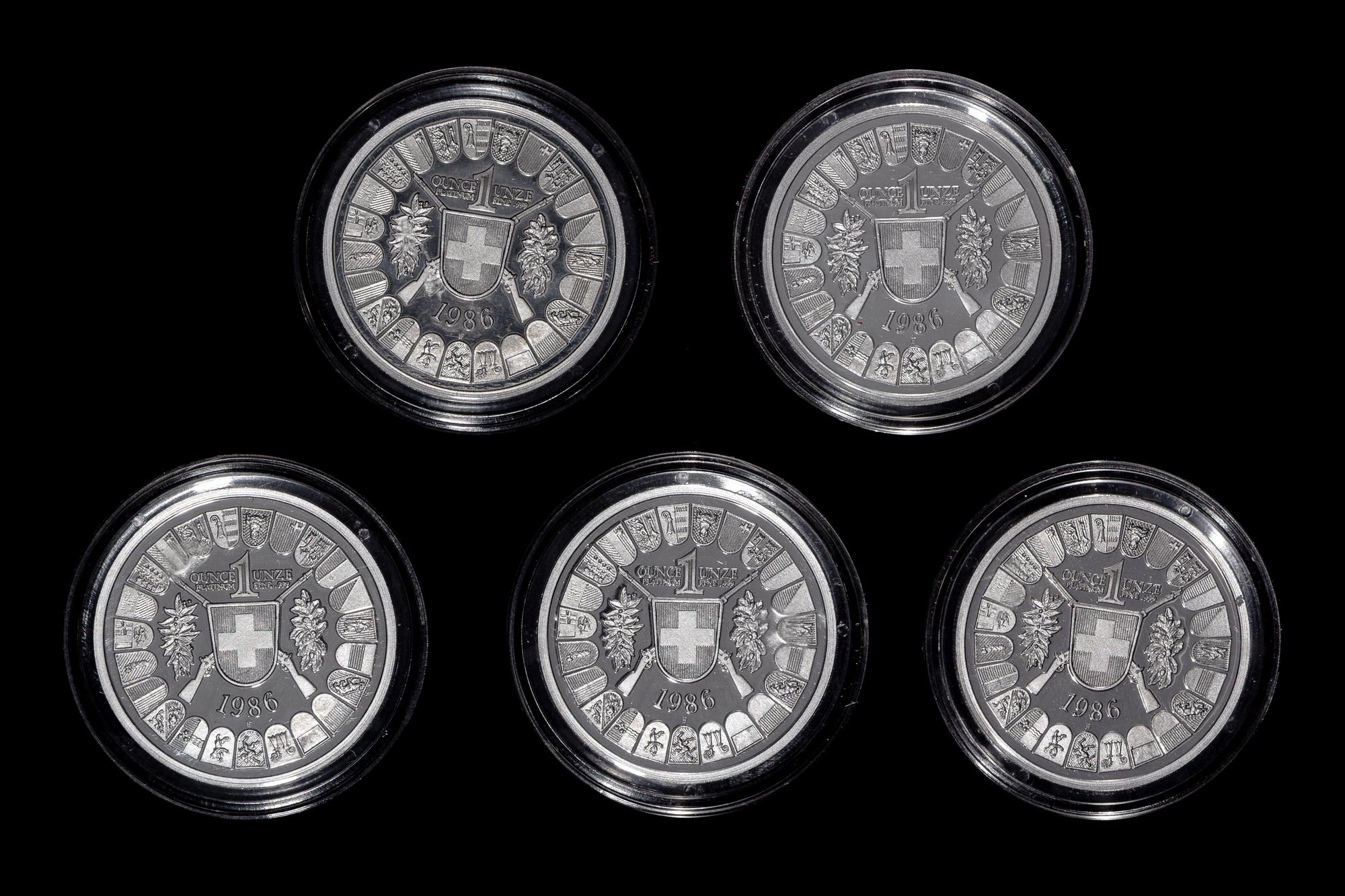 *A Group of Five Swiss Confederation 1986 William Tell 1 oz. Platinum Rounds