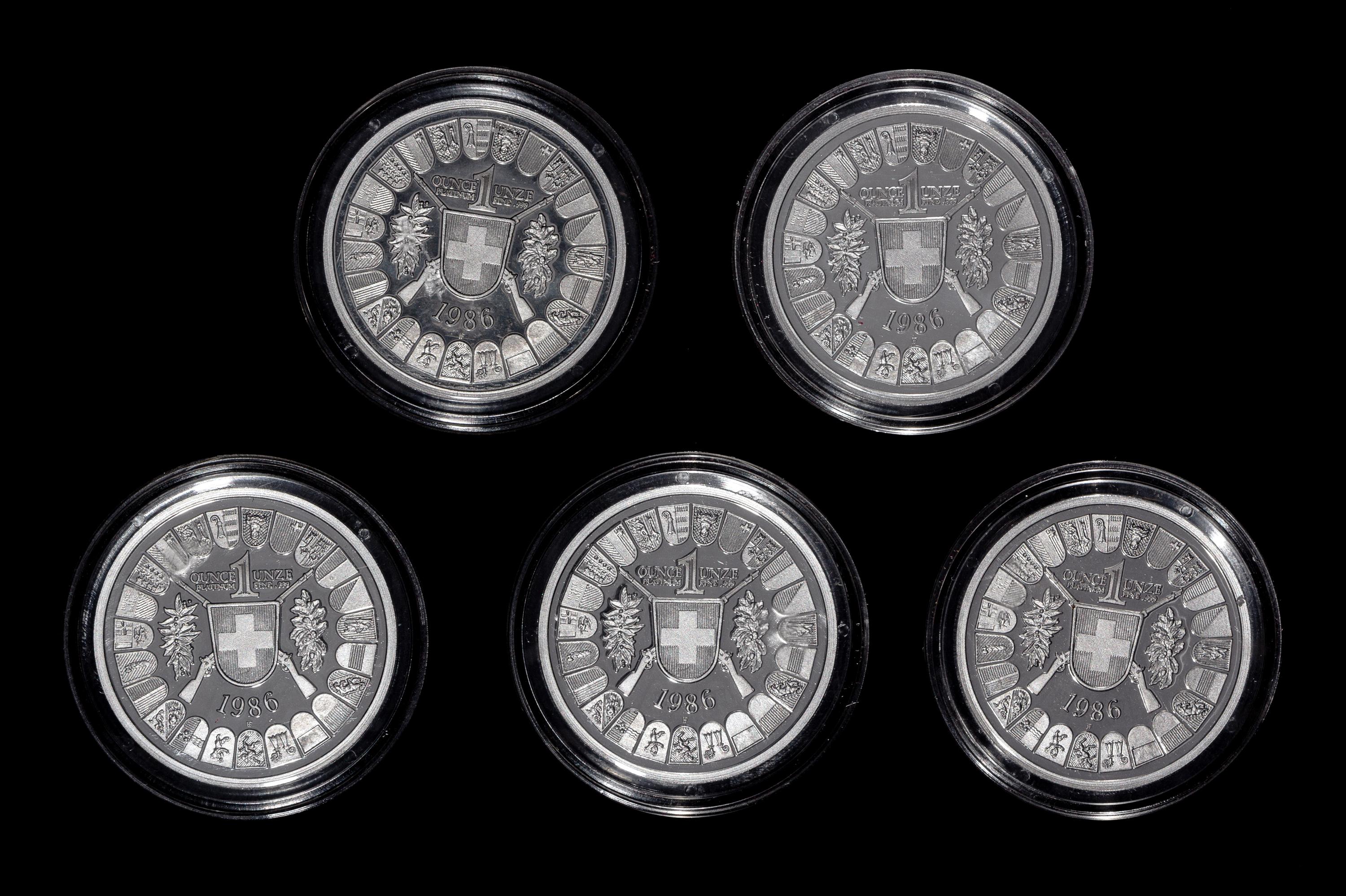 *A Group of Five Swiss Confederation 1986 William Tell 1 oz. Platinum Rounds