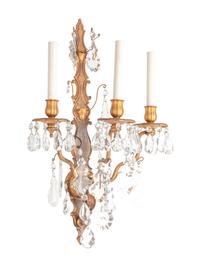 A Set of Six Napoleon III Style Gilt Metal and Glass Three-Light Sconces