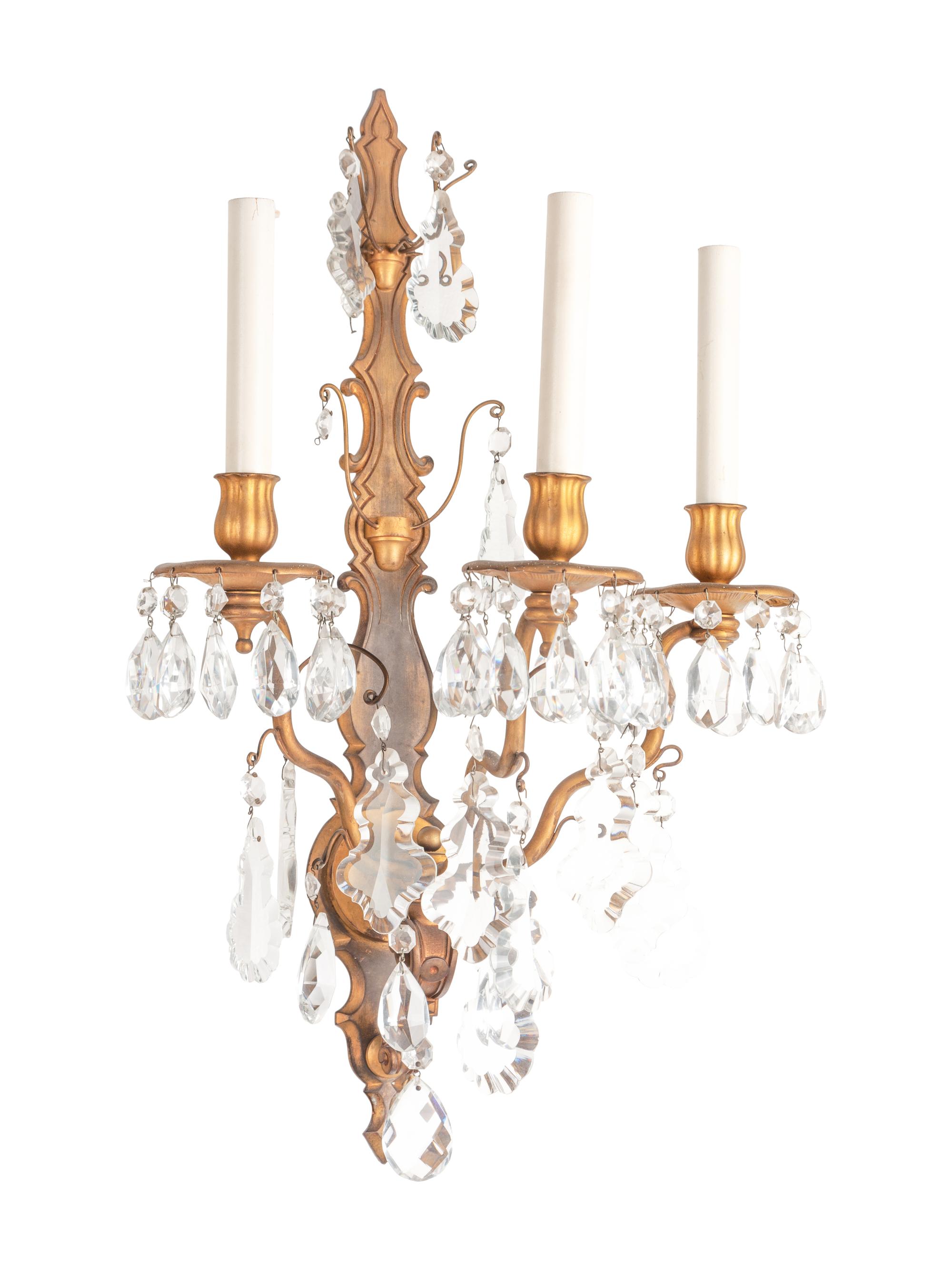 A Set of Six Napoleon III Style Gilt Metal and Glass Three-Light Sconces