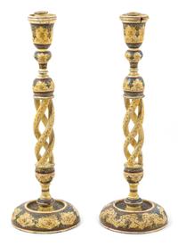 A Pair of Kashmiri Papier-Mache and Lacquer Candlesticks Height 19 1/2 inches. — LATE 19TH CENTURY