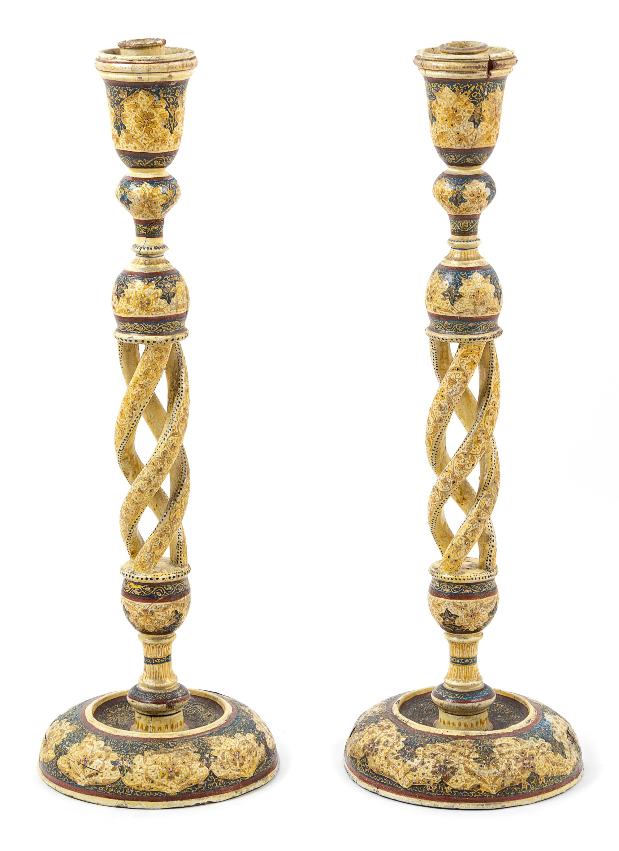A Pair of Kashmiri Papier-Mache and Lacquer Candlesticks Height 19 1/2 inches. — LATE 19TH CENTURY