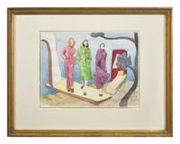 Red and Blue Figures ; together with Women Walking and Seated Nude (Three Works)