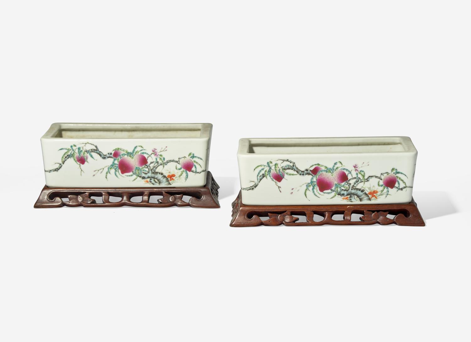 A Pair of Chinese Famille Rose Decorated 'Peaches' Rectangular Jardinieres