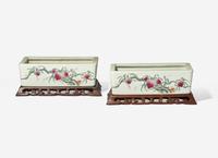 A Pair of Chinese Famille Rose Decorated 'Peaches' Rectangular Jardinieres