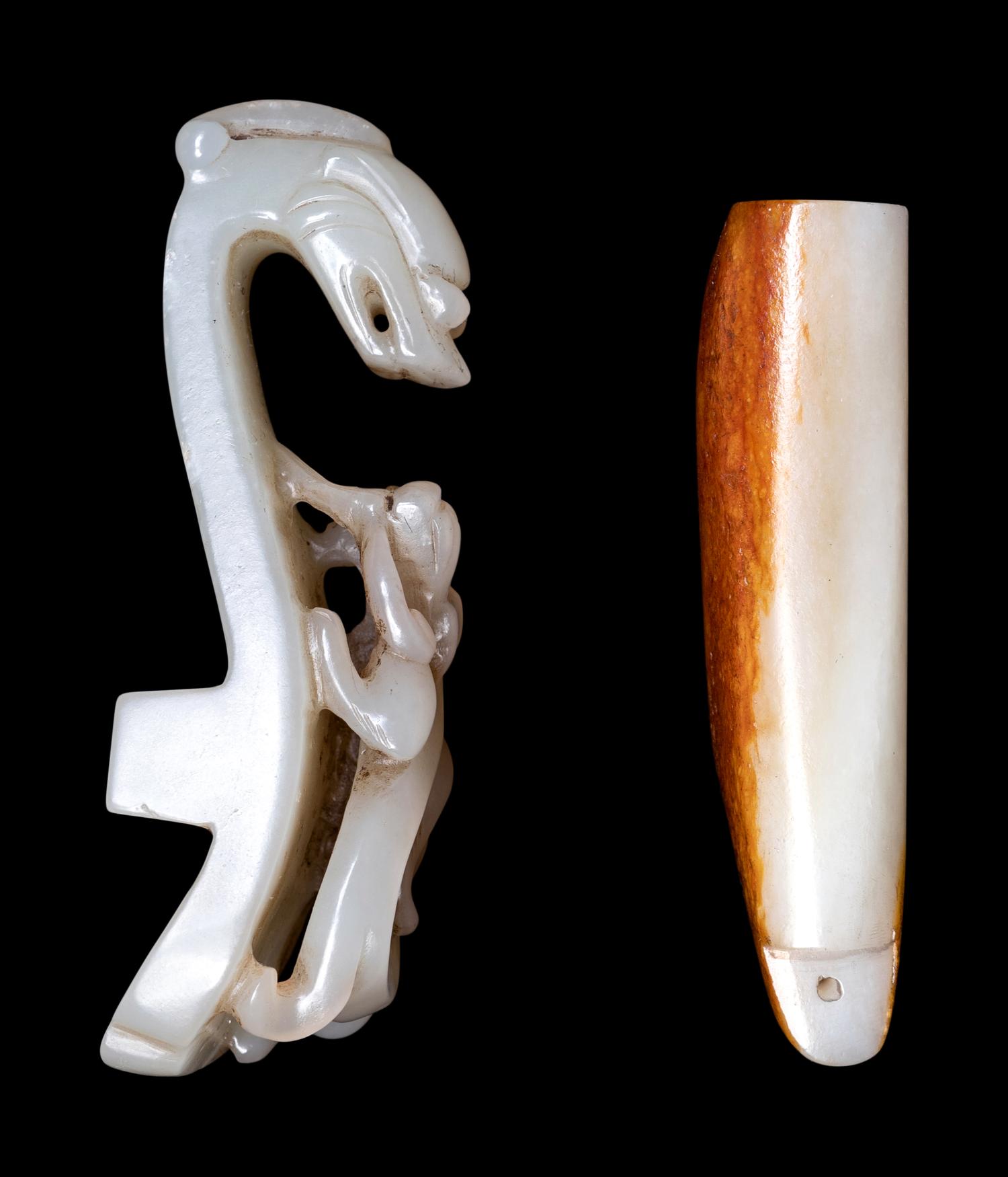 Two Chinese Celadon and Russet Jade Articles