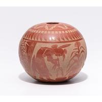 Award-Winning Sgraffito Redware Seed Jar, with Turquoise Cabochon