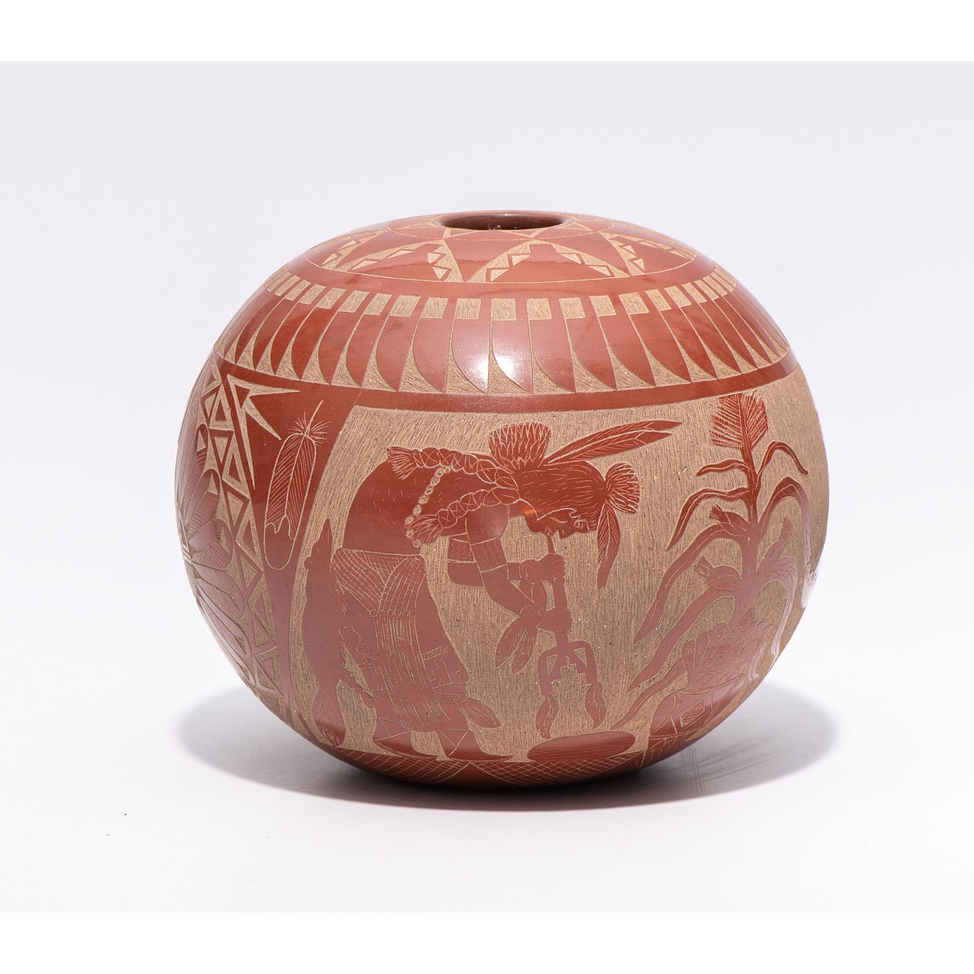 Award-Winning Sgraffito Redware Seed Jar, with Turquoise Cabochon