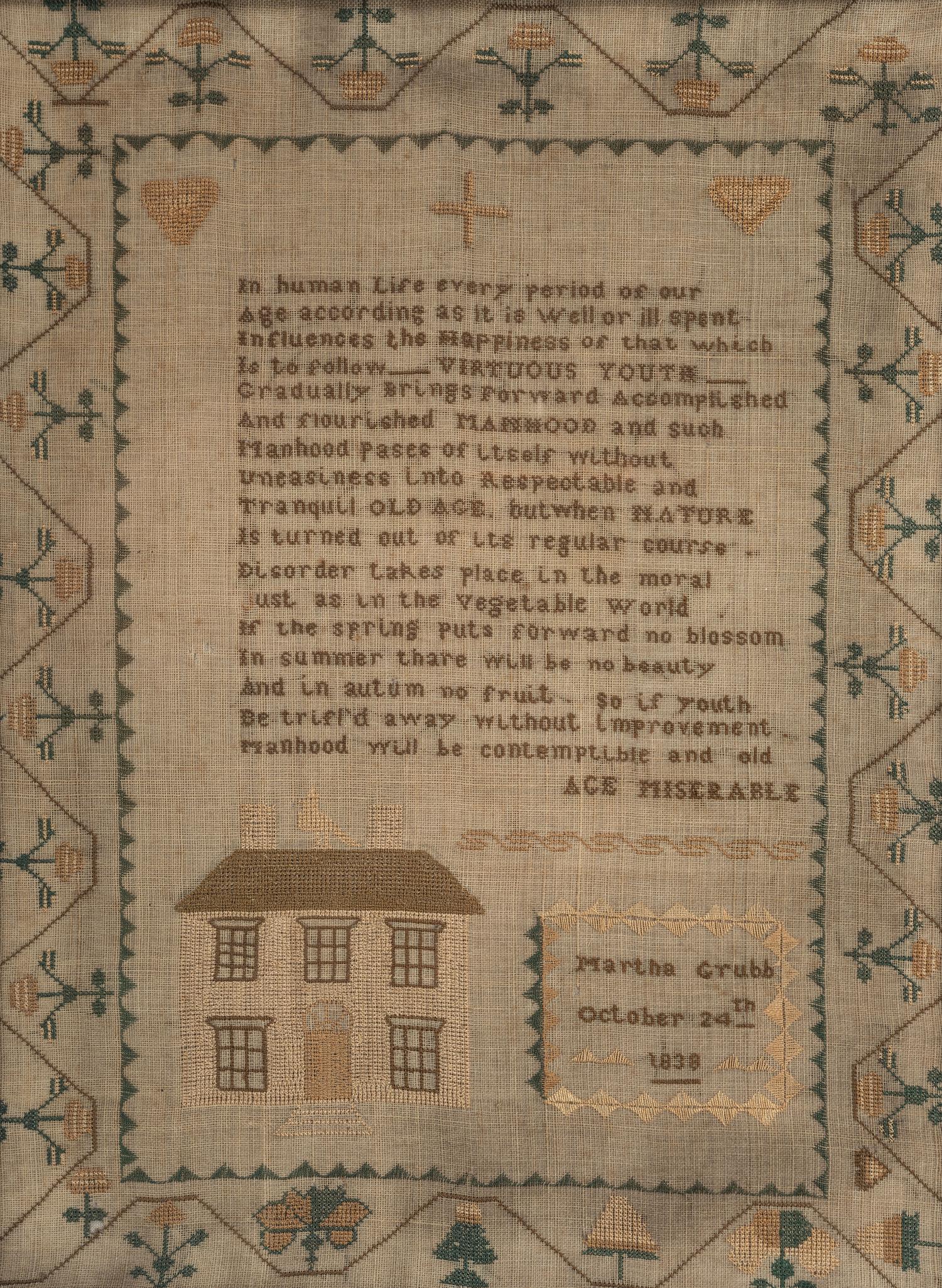 A Needlework Embroidered Sampler, Wrought by Martha Grubb