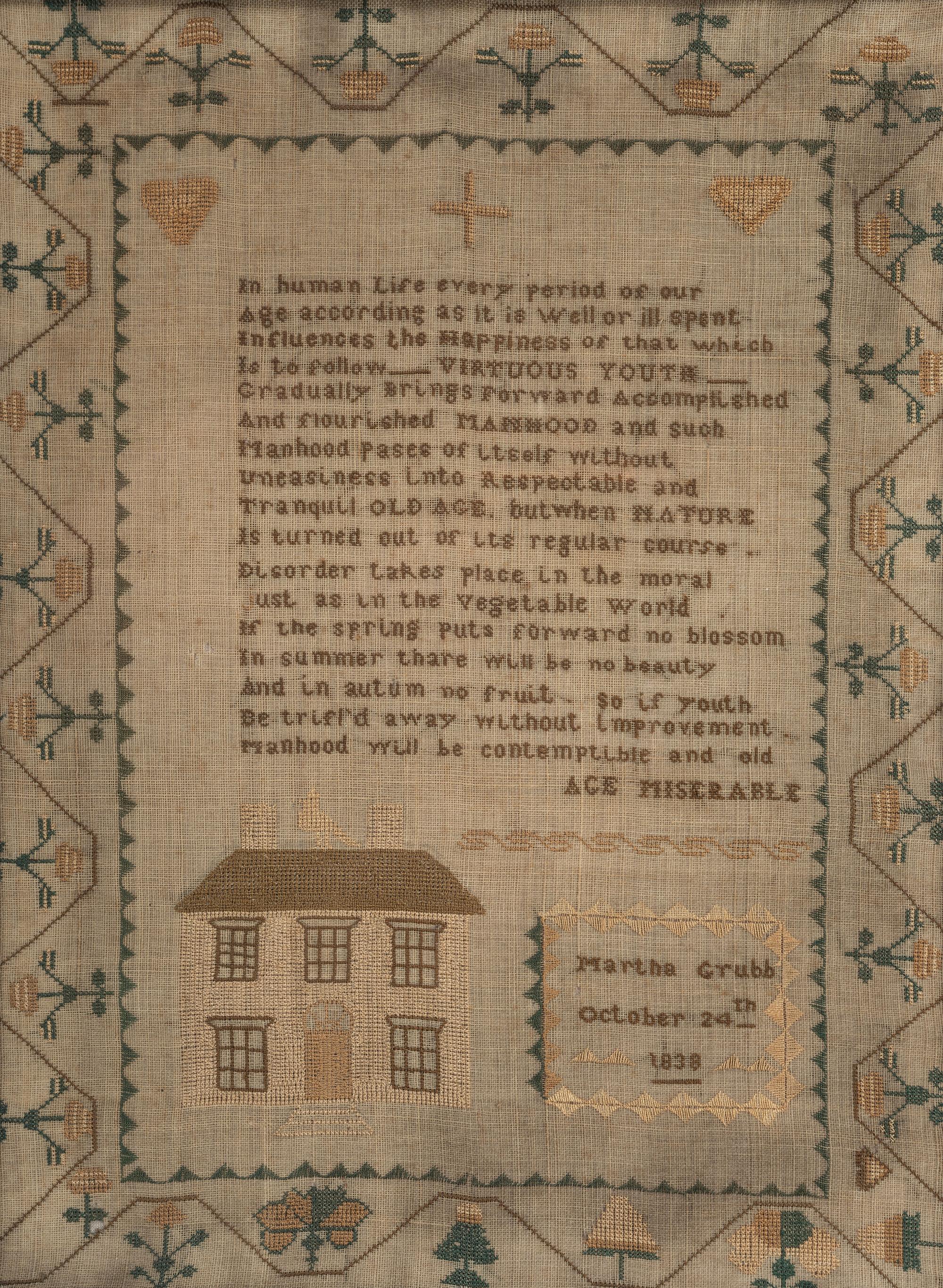 A Needlework Embroidered Sampler, Wrought by Martha Grubb