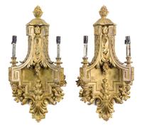 A Pair of Louis XVI Style Gilt Bronze Two-Light Sconces Height 19 inches.