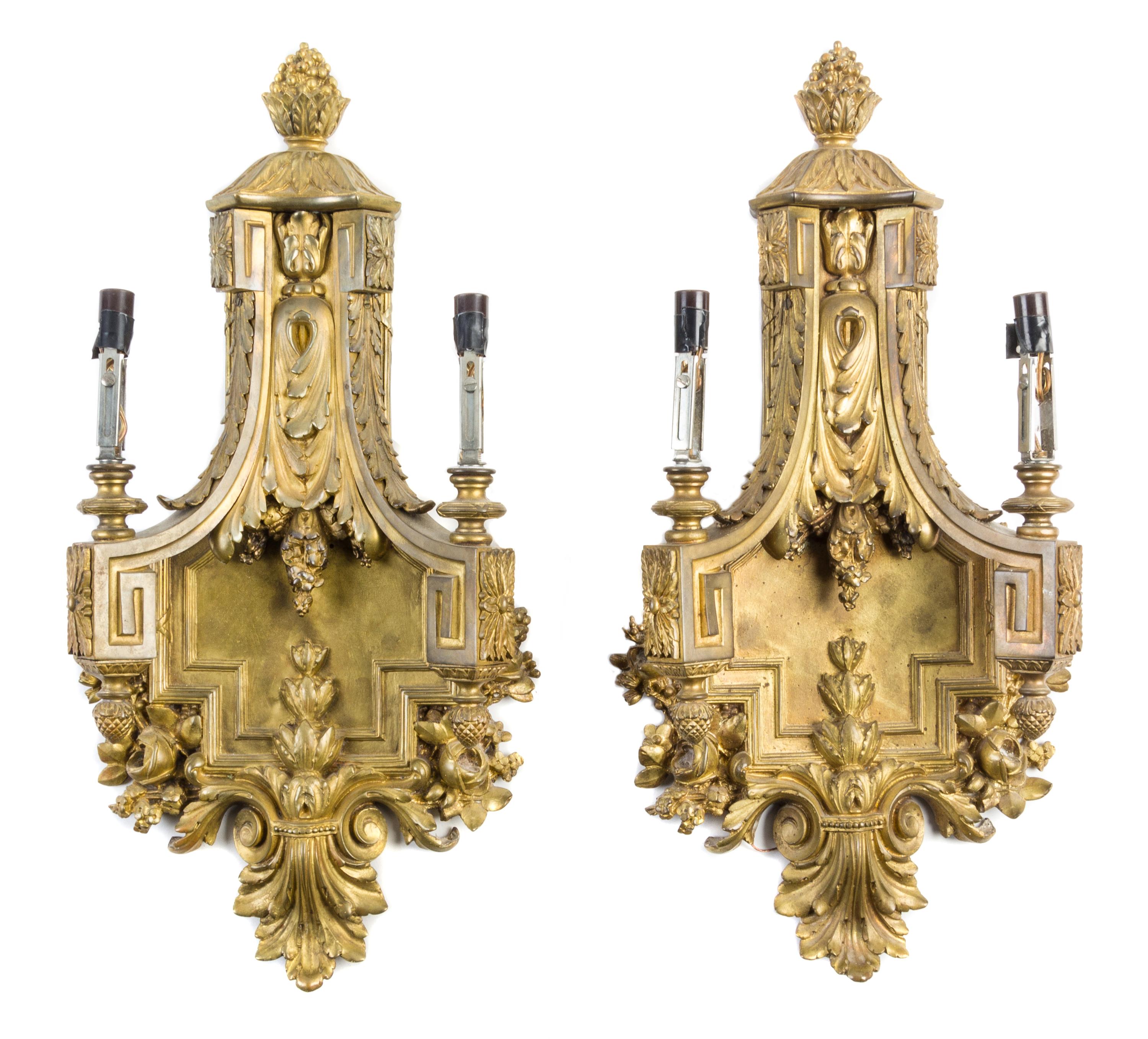 A Pair of Louis XVI Style Gilt Bronze Two-Light Sconces Height 19 inches.