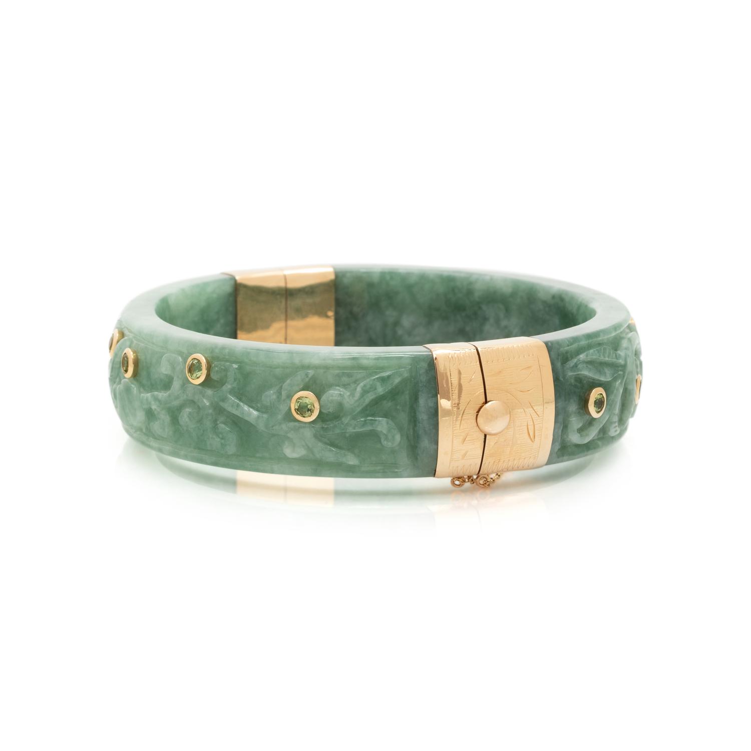 CARVED JADE AND GEMSTONE BANGLE BRACELET
