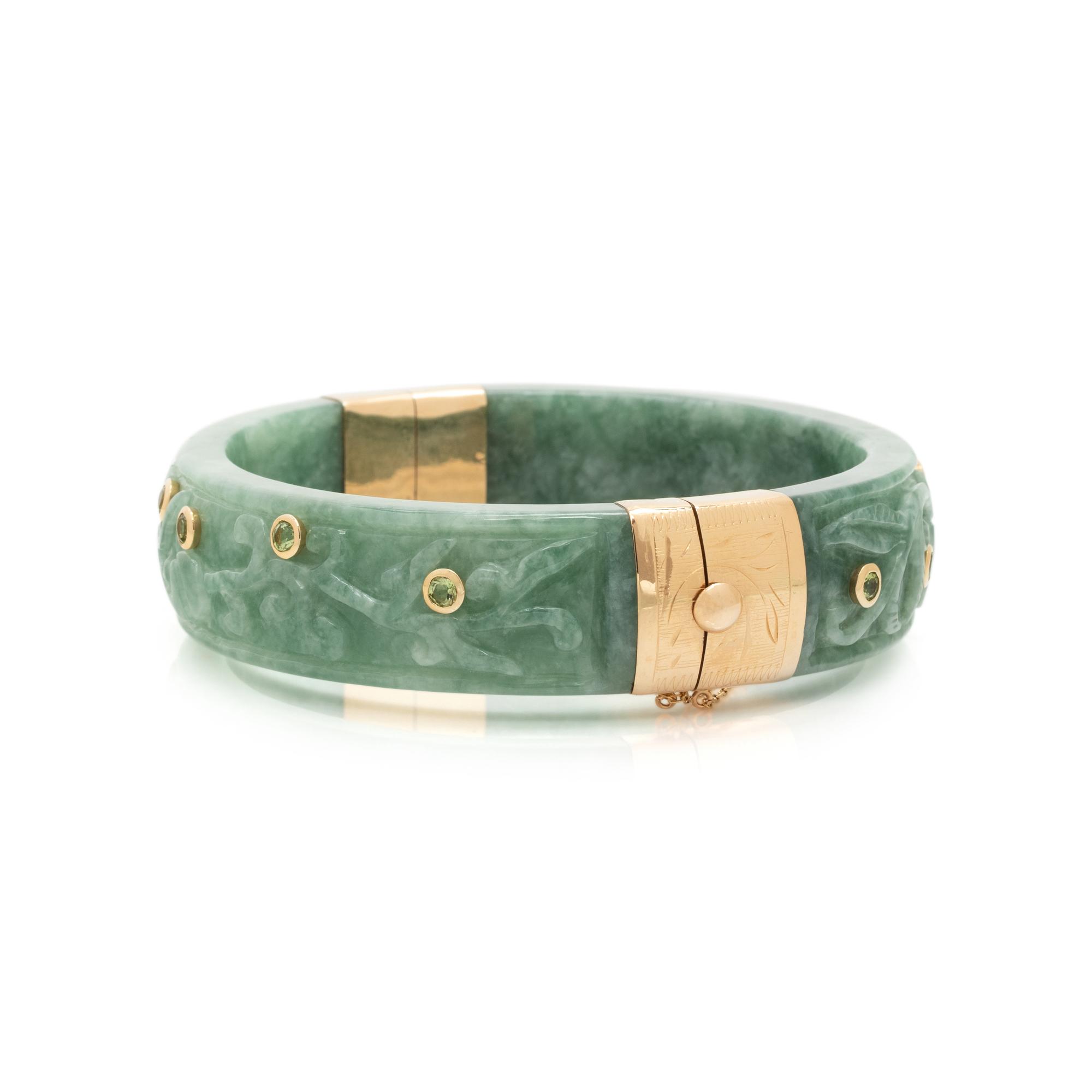 CARVED JADE AND GEMSTONE BANGLE BRACELET