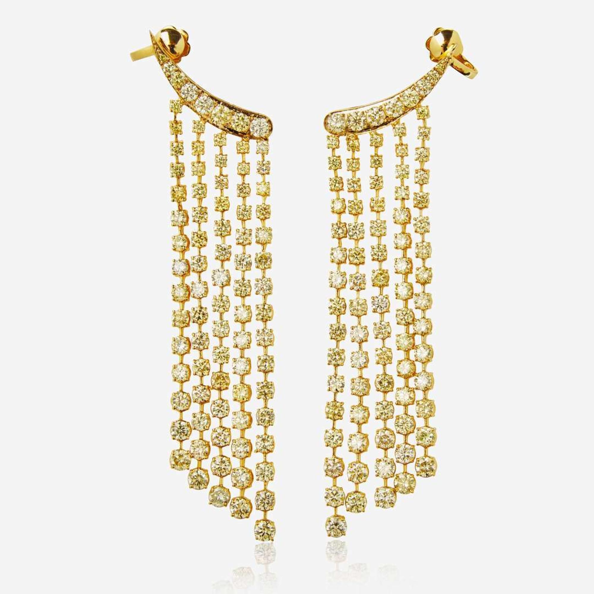 A Pair of 18K Yellow Gold and Diamond Earrings