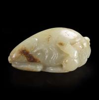 A Chinese carved pale celadon-grey and beige jade Buddhist lion 青灰玉雕太狮少狮 Qing dynasty ?