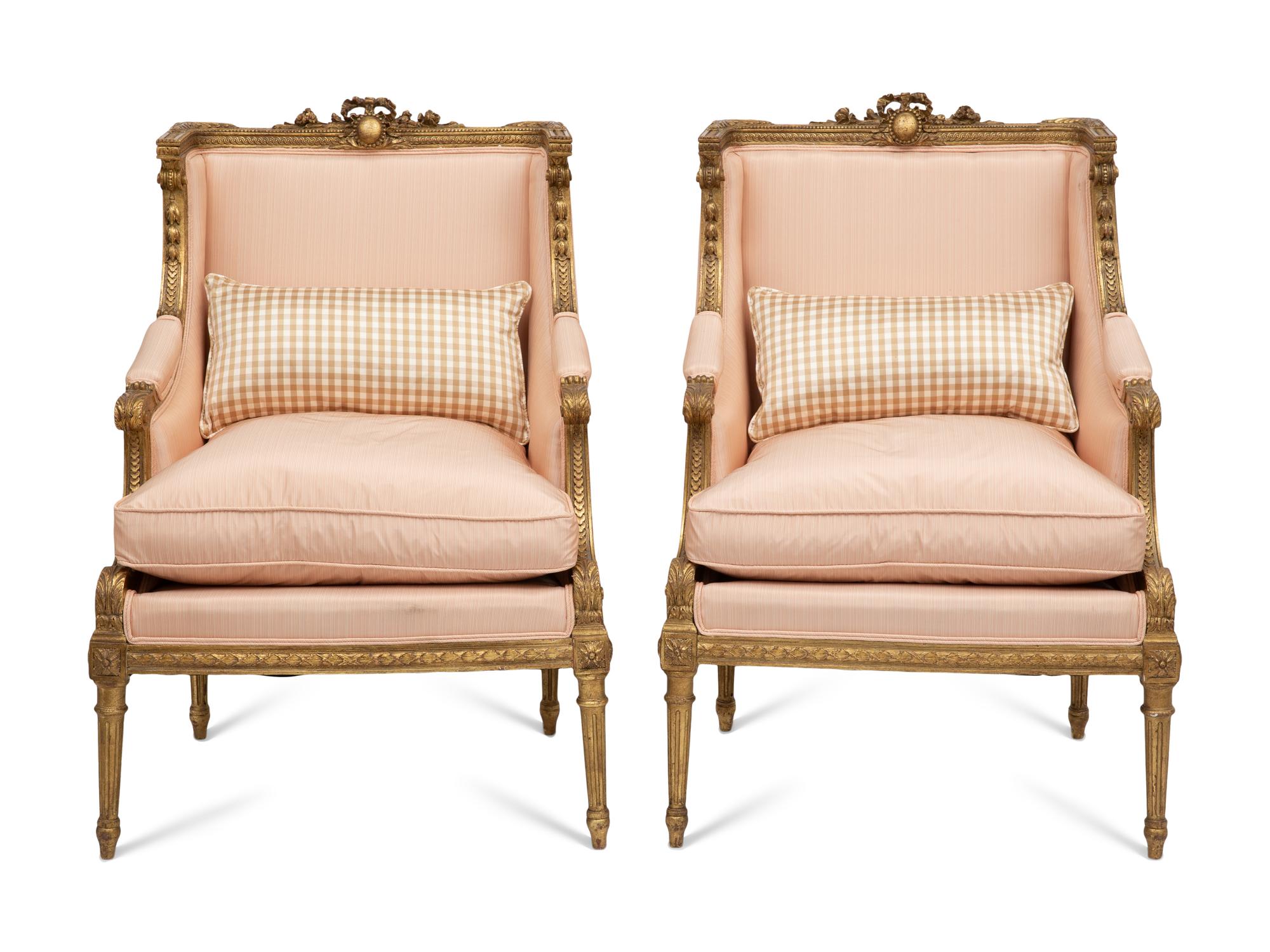 A Pair of Louis XVI Style Giltwood Bergères