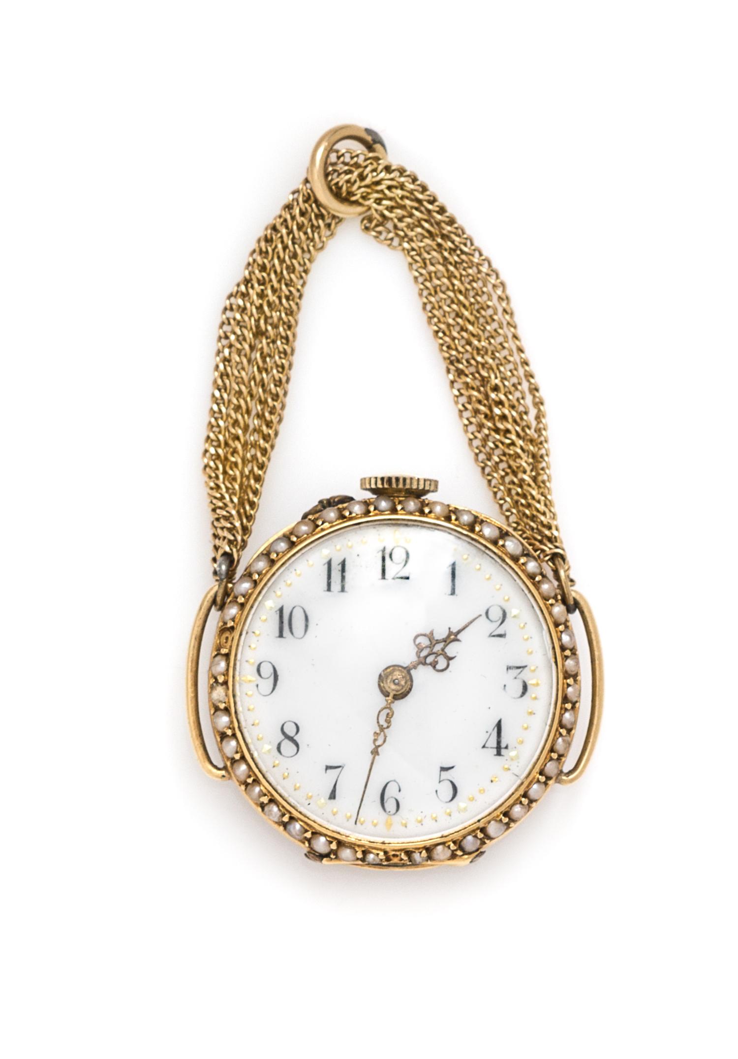 An 18 Karat Yellow Gold, Seed Pearl and Diamond Pendant Watch, Mignon, 11.80 dwts.