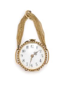 An 18 Karat Yellow Gold, Seed Pearl and Diamond Pendant Watch, Mignon, 11.80 dwts.