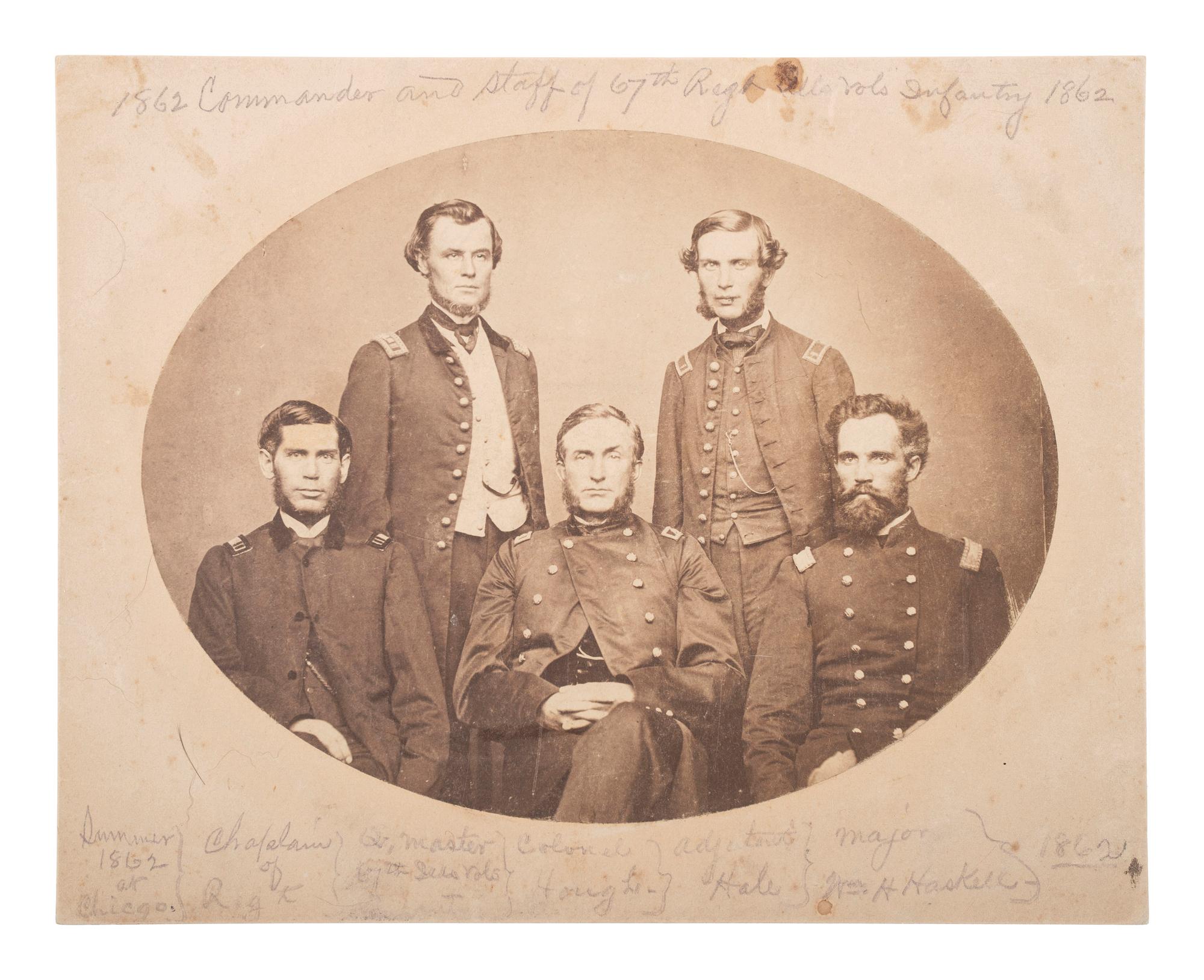 [CIVIL WAR]. Albumen photograph of commanders & staff of the 67th Illinois Volunteer Infantry Regiment. [Chicago, IL]: ca 1862.