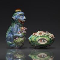 Two Chinese Molded Porcelain Snuff Bottles, Qing dynasty, Late 18th to 19th century — 清中期 粉彩模製鼻煙壺兩支
