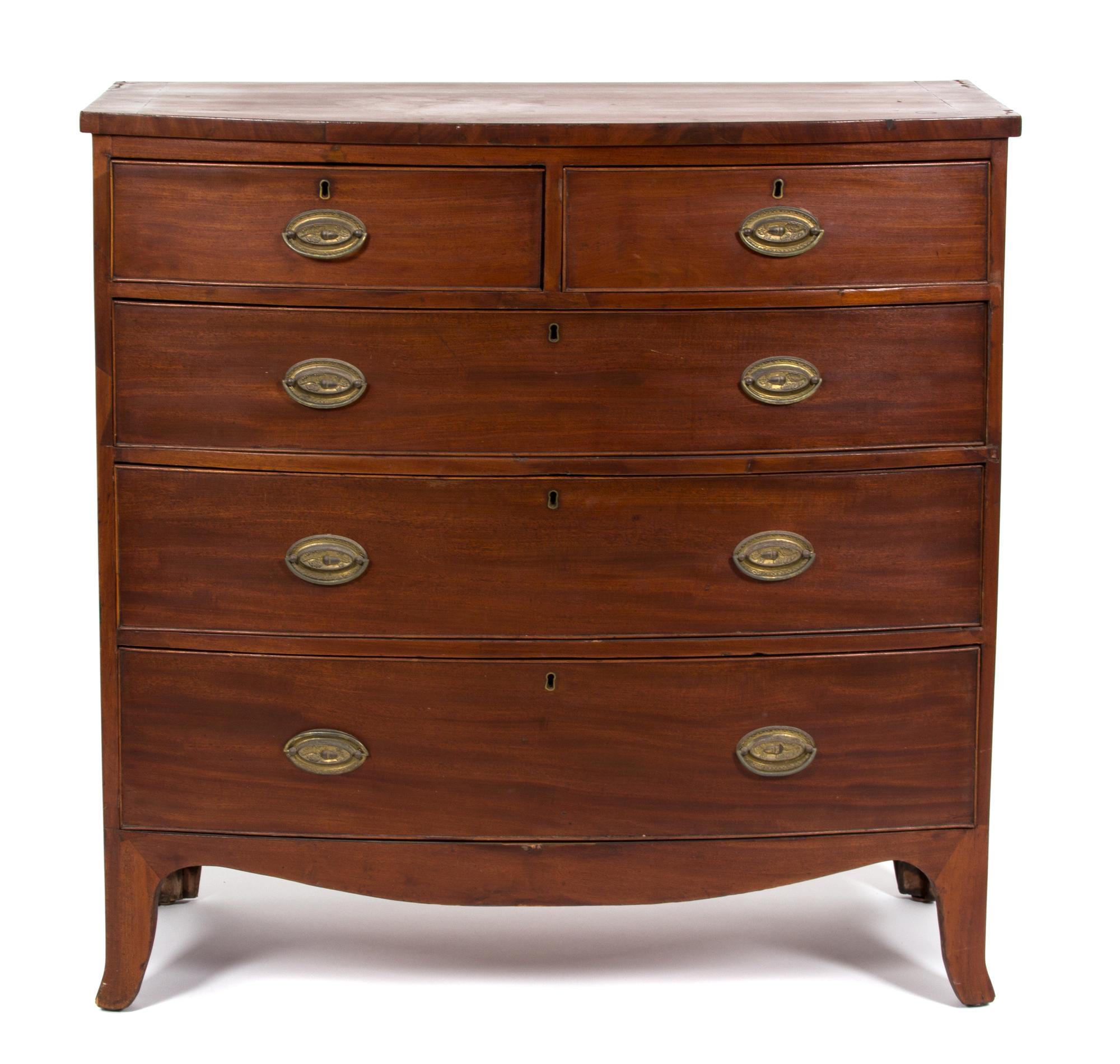 An American Hepplewhite Style Cherry Bow Front Chest of Drawers Height 43 1/4 x width 41 x depth 19 1/2 inches. — 19TH CENTURY