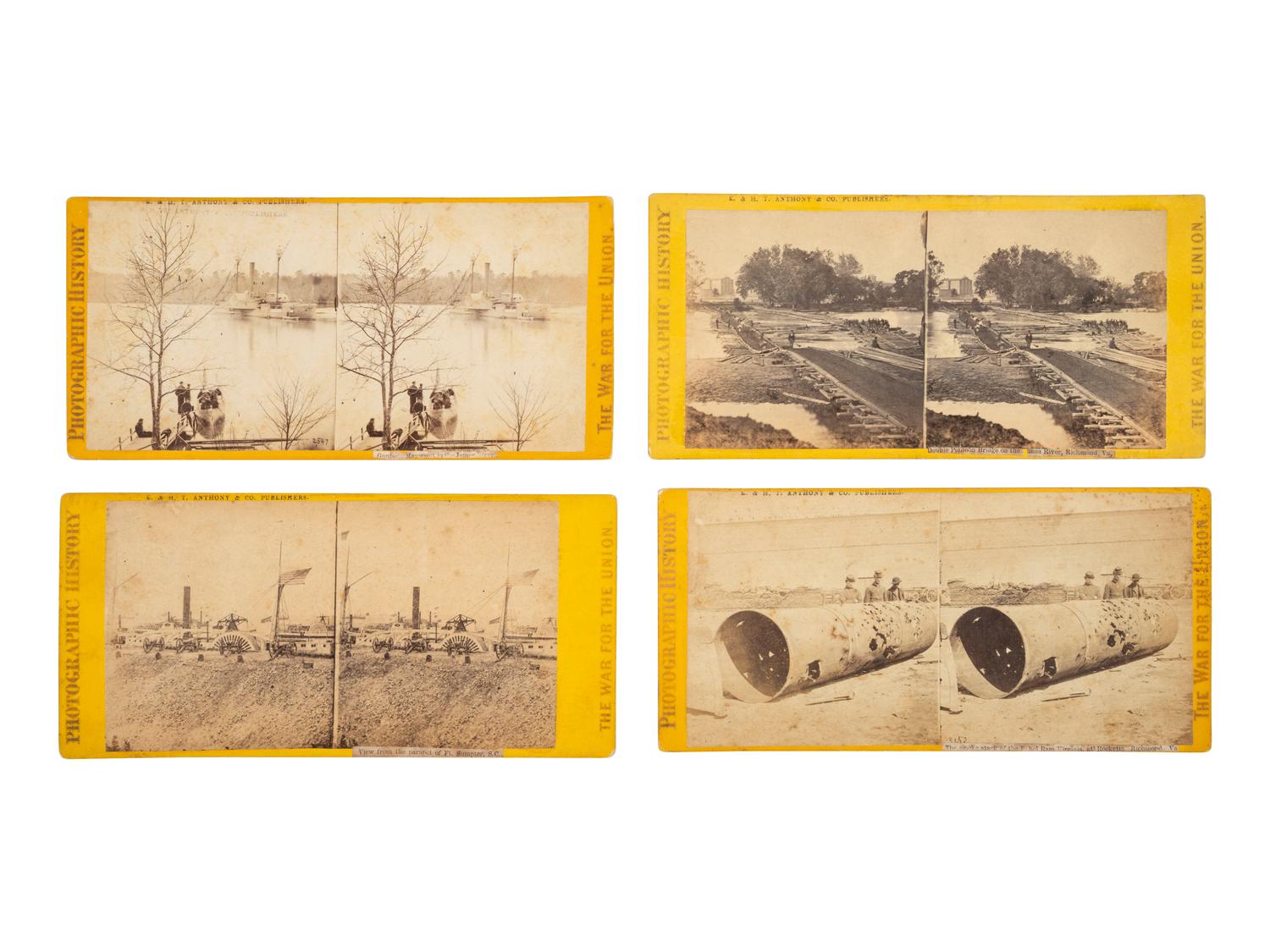 [CIVIL WAR]. 11 stereoviews featuring waterways, gun boats, and pontoon bridges.