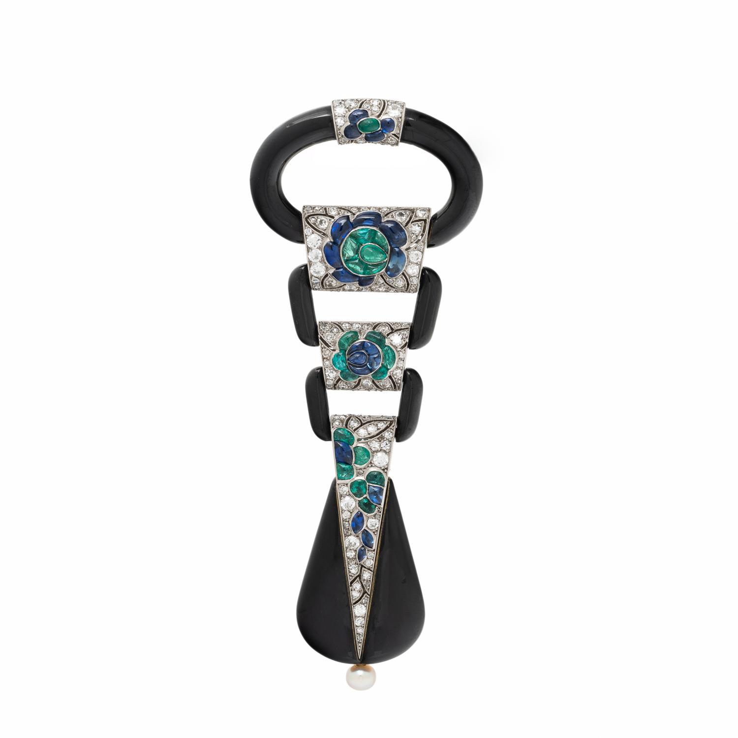 VERGER FRÈRES FOR LACLOCHE FRÈRES, ART DECO, ONYX AND MULTIGEM LAPEL WATCH